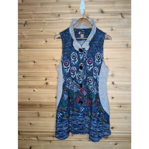 Damee Sweater Womens Large Blue Sleeveless Cardigan Vest Art